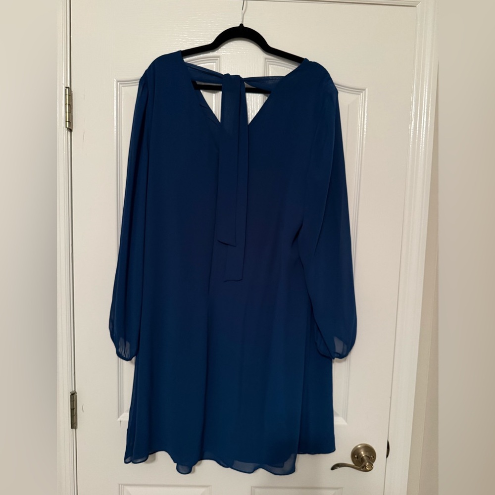 I.N.C | International Concepts Blue Shift Dress XL Long Sleeve V Neck Bow Back - Picture 7 of 9